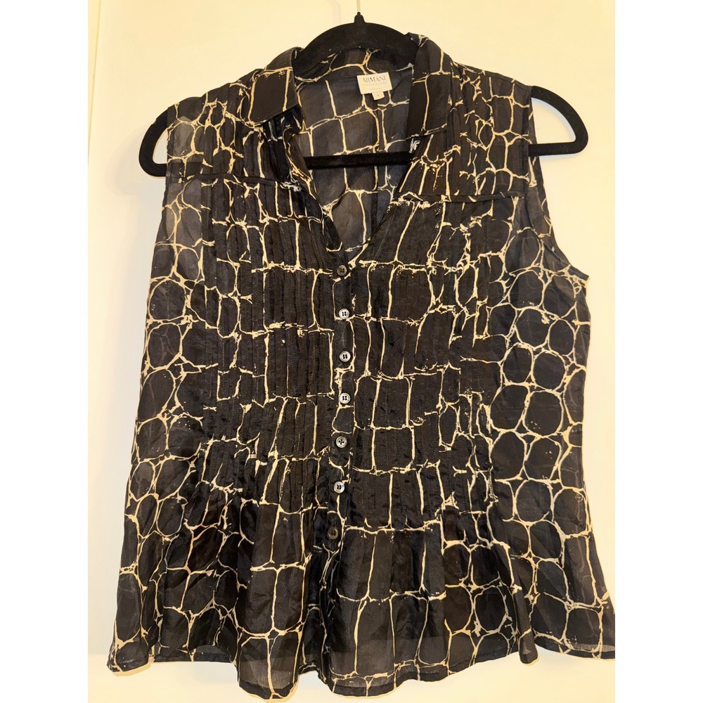 Armani Collezioni Black Cream Silk Sleeveless Button Down Pleated Top Size 6
